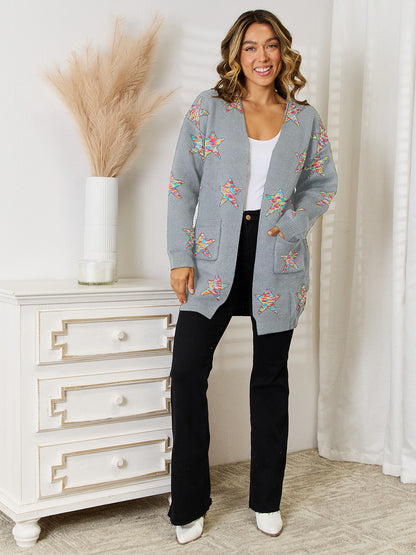 Angel Wings Star Pattern Open Front Cardigan with Pockets-Angel Casuals