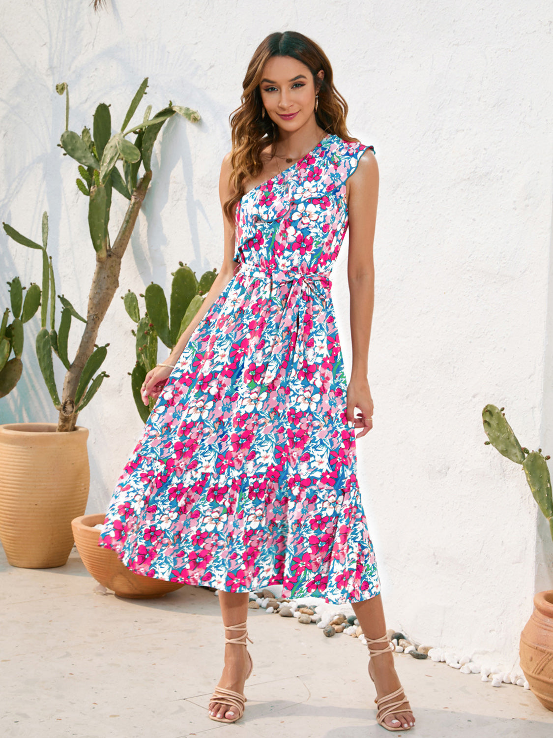 Ruffled Printed One Shoulder Midi Dress-Angel Casuals