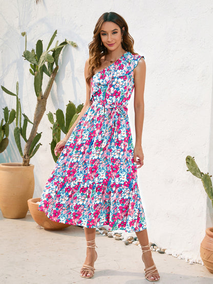 Ruffled Printed One Shoulder Midi Dress-Angel Casuals