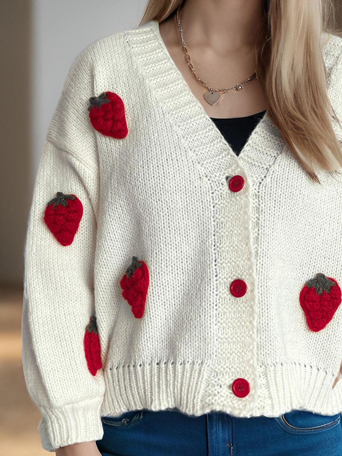 Crochet Strawberry V-Neck Long Sleeve Cardigan-Angel Casuals
