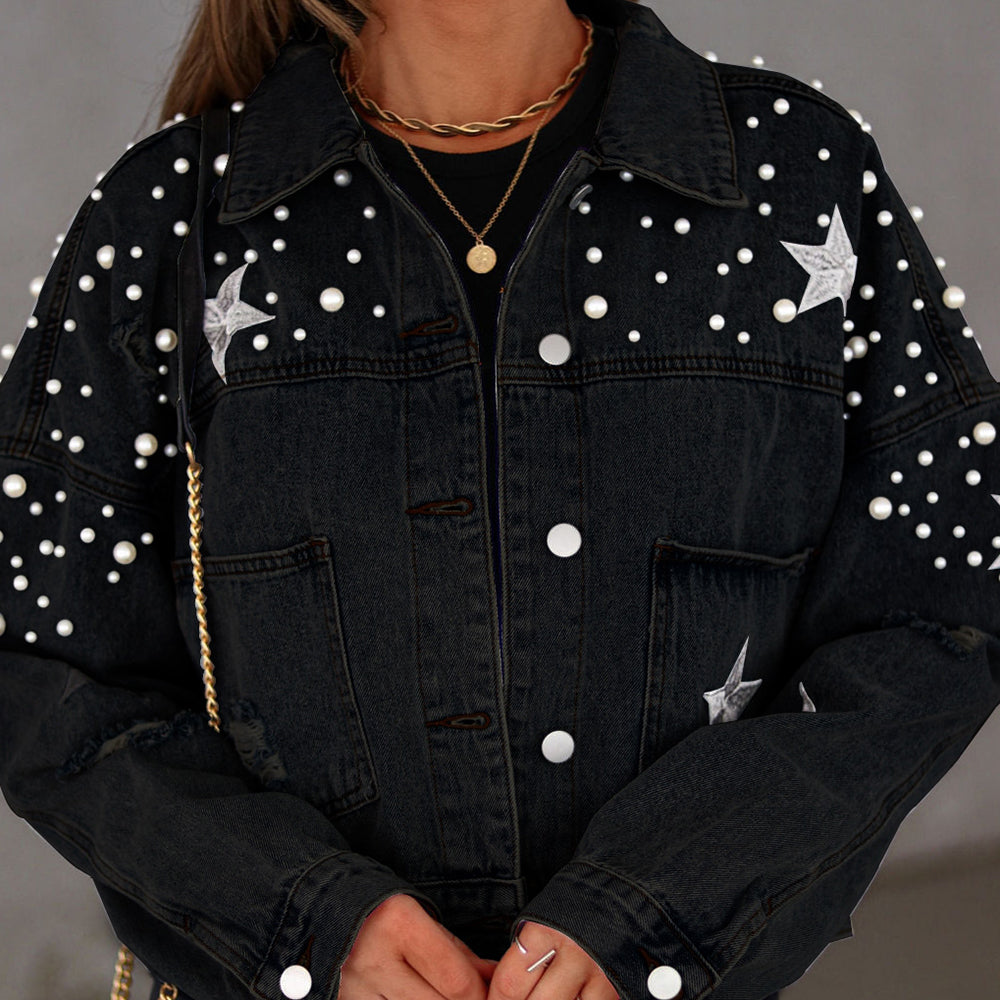 Bead Detail Denim Jacket-Angel Casuals