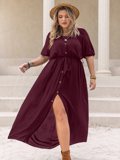 Plus Size Round Neck Half Sleeve Dress-Angel Casuals