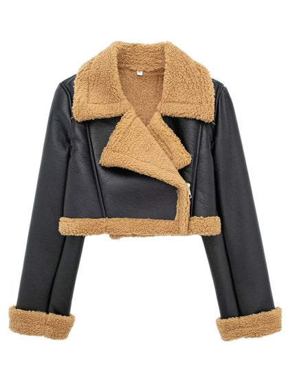 Collared Neck Long Sleeve Plush Cropped Jacket-Angel Casuals
