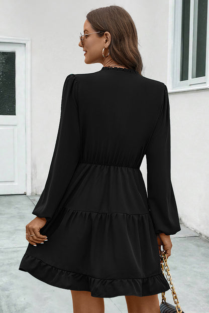 V-Neck Tie Neck Long Sleeve Dress-Angel Casuals