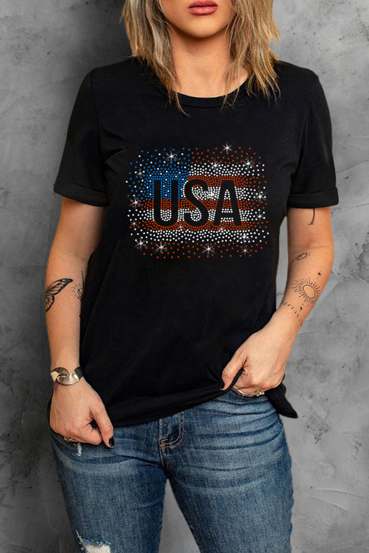 USA Rhinestone Round Neck Short Sleeve T-Shirt-Angel Casuals