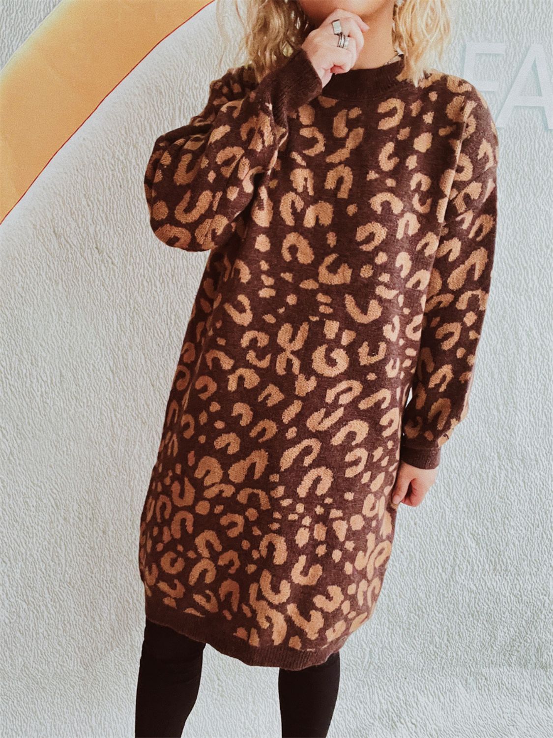 Leopard Round Neck Long Sleeve Sweater-Angel Casuals