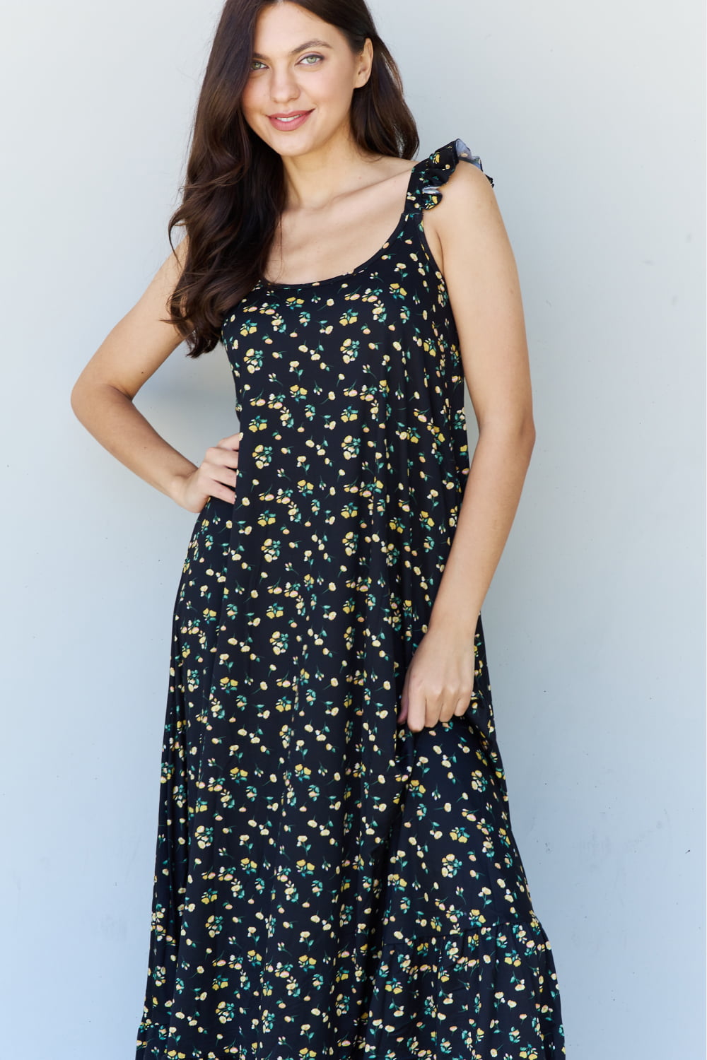 Doublju In The Garden Ruffle Floral Maxi Dress in Black Yellow Floral-Angel Casuals