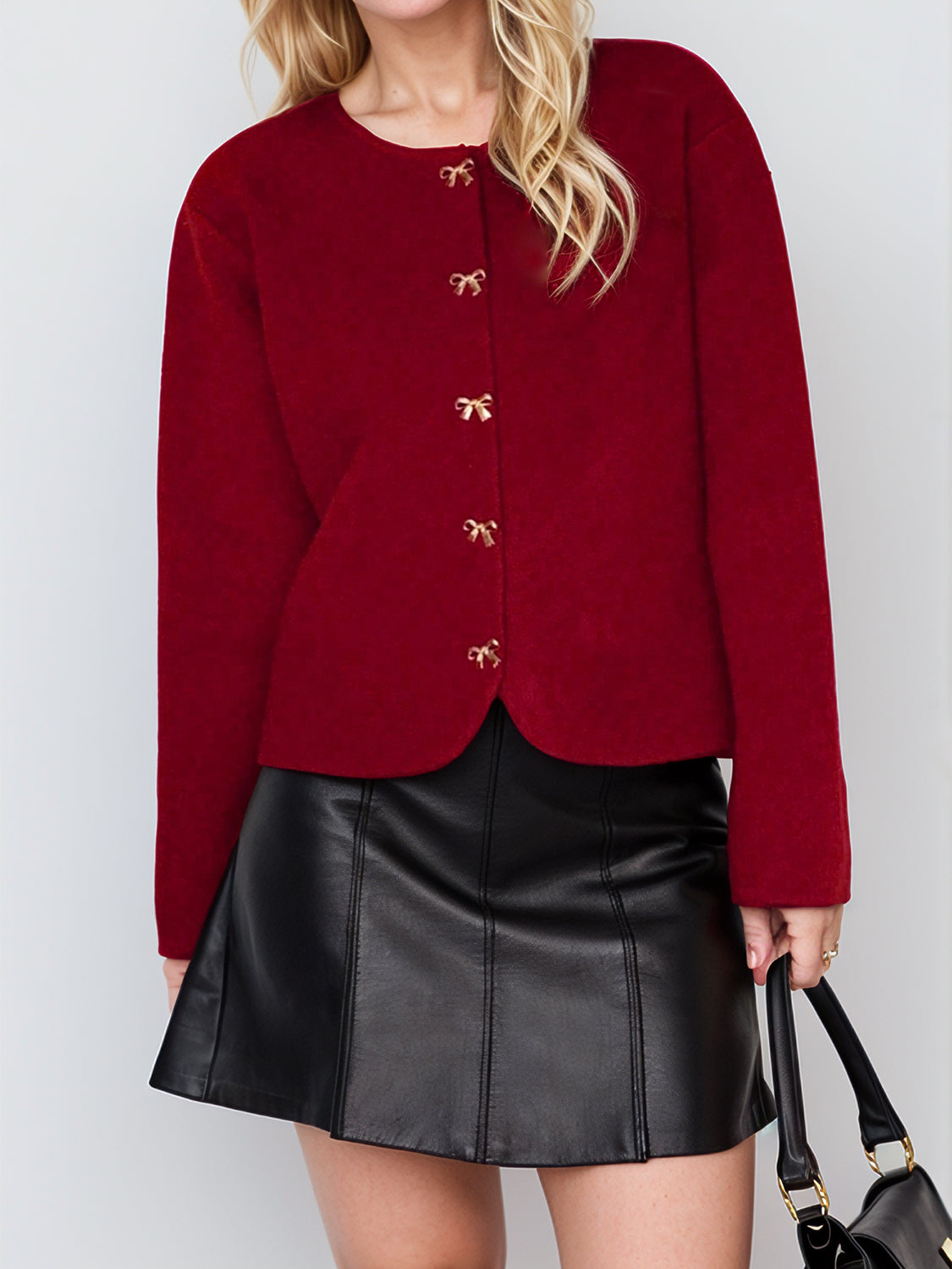 Bow Button Down Round Neck Long Sleeve Cardigan-Angel Casuals