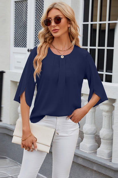 Round Neck Slit Half Sleeve Top-Angel Casuals