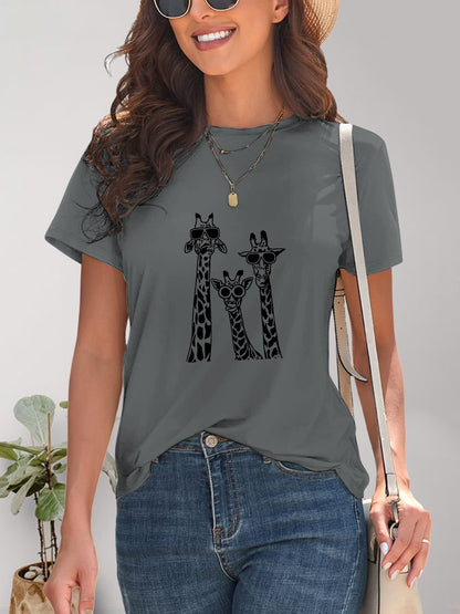 Giraffe Graphic Round Neck T-Shirt-Angel Casuals