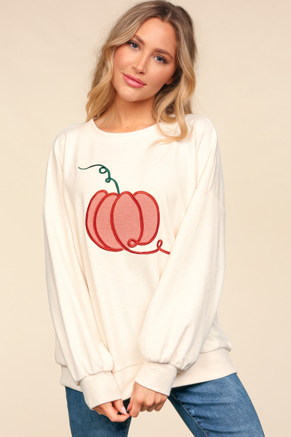 Haptics Full Size Embroidery Pumpkin Long Sleeve Knit Top-Angel Casuals