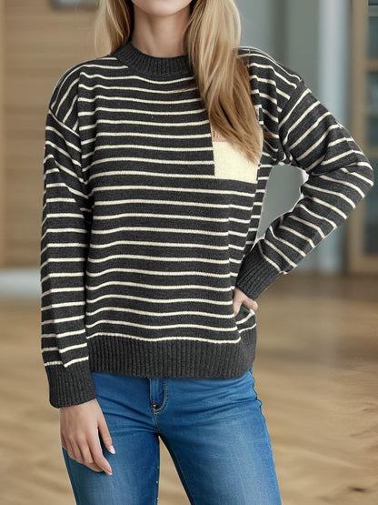 Striped Mock Neck Long Sleeve Sweater-Angel Casuals