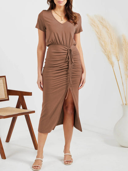 Ruched Slit V-Neck Short Sleeve Dress-Angel Casuals