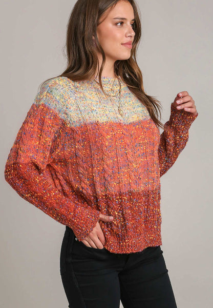 Cable-Knit Color Block Round Neck Long Sleeve Sweater-Angel Casuals