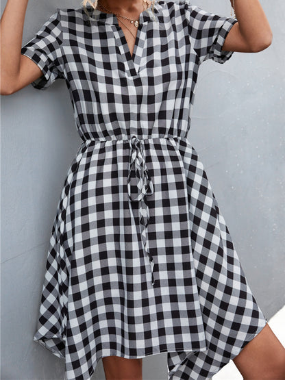 Plaid Notched Short Sleeve Dress-Angel Casuals