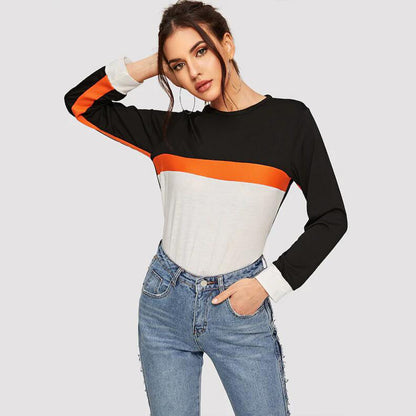 Color Block Round Neck Long Sleeve Tee-Angel Casuals