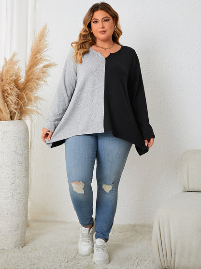 Plus Size Contrast Notched Neck T-Shirt-Angel Casuals