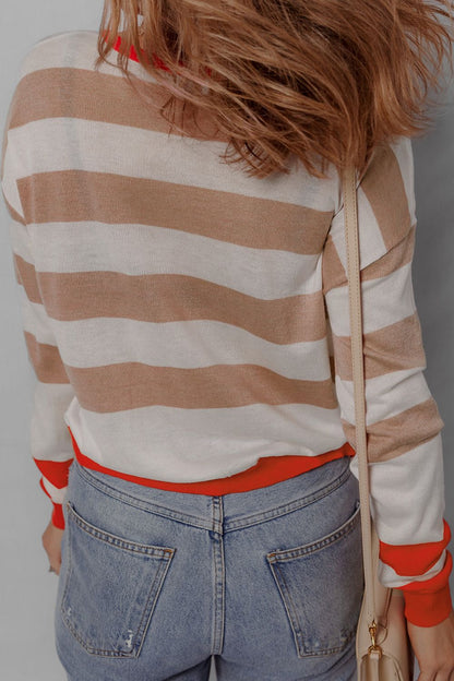 Contrast Striped Round Neck Drop Shoulder Knit Top-Angel Casuals