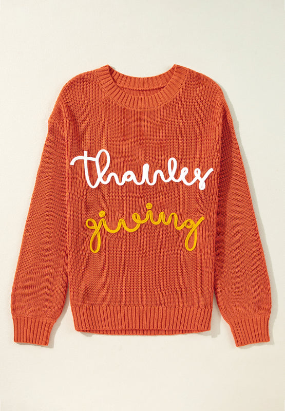 THANKS GIVING Round Neck Long Sleeve Sweater-Angel Casuals