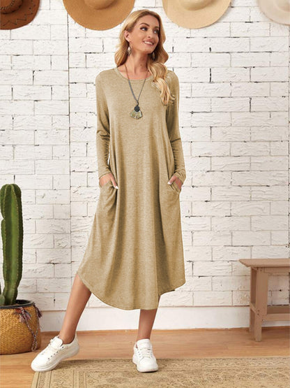 Pocketed Round Neck Long Sleeve Tee Dress-Angel Casuals