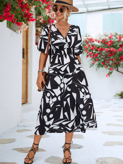 Printed Surplice Balloon Sleeve Dress-Angel Casuals