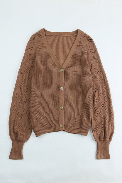 Openwork V-Neck Button Up Cardigan-Angel Casuals