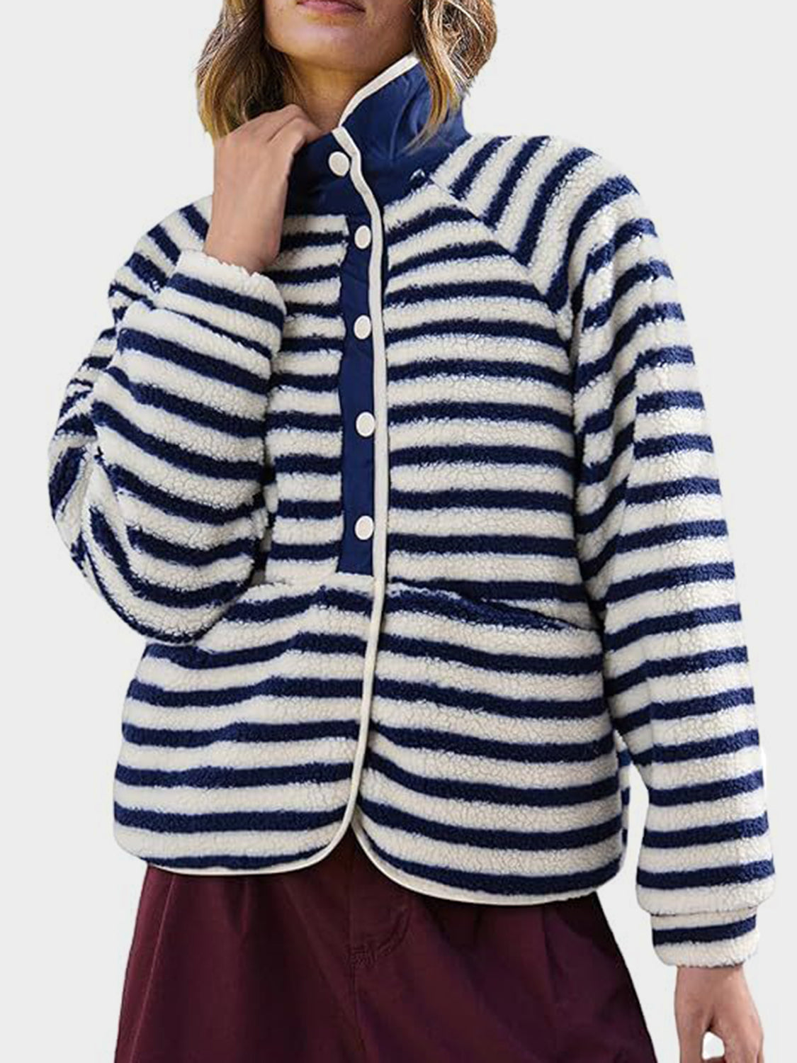 Pocketed Half Snap Sherpa Jacket-Angel Casuals
