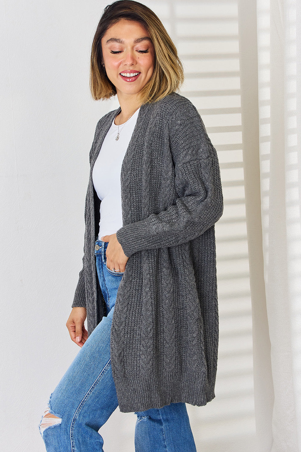 Cable-Knit Open Front Dropped Shoulder Cardigan-Angel Casuals