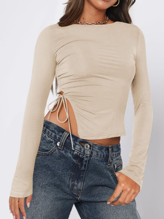 Tied Slit Round Neck Long Sleeve T-Shirt-Angel Casuals