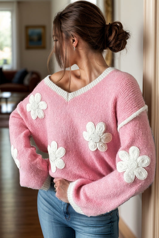 Flower V-Neck Dropped Shoulder Sweater-Angel Casuals