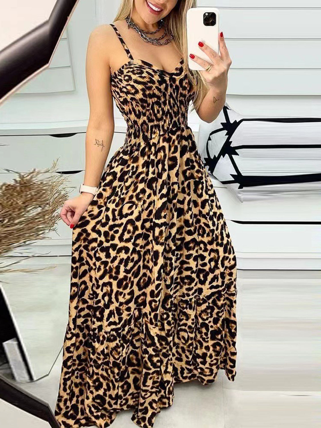 Leopard Sweetheart Neck Cami Dress-Angel Casuals