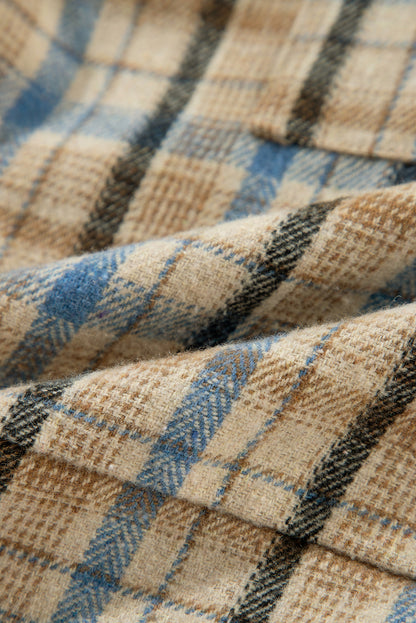 Drawstring Waffle Knit Patchwork Hooded Plaid Shacket-Angel Casuals