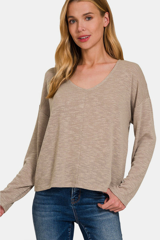 Zenana Dropped Shoulder Long Sleeve T-Shirt-Angel Casuals