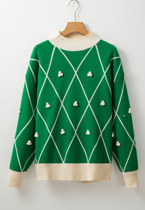 Diamond Pattern Contrast Trim Mock Neck Sweater-Angel Casuals