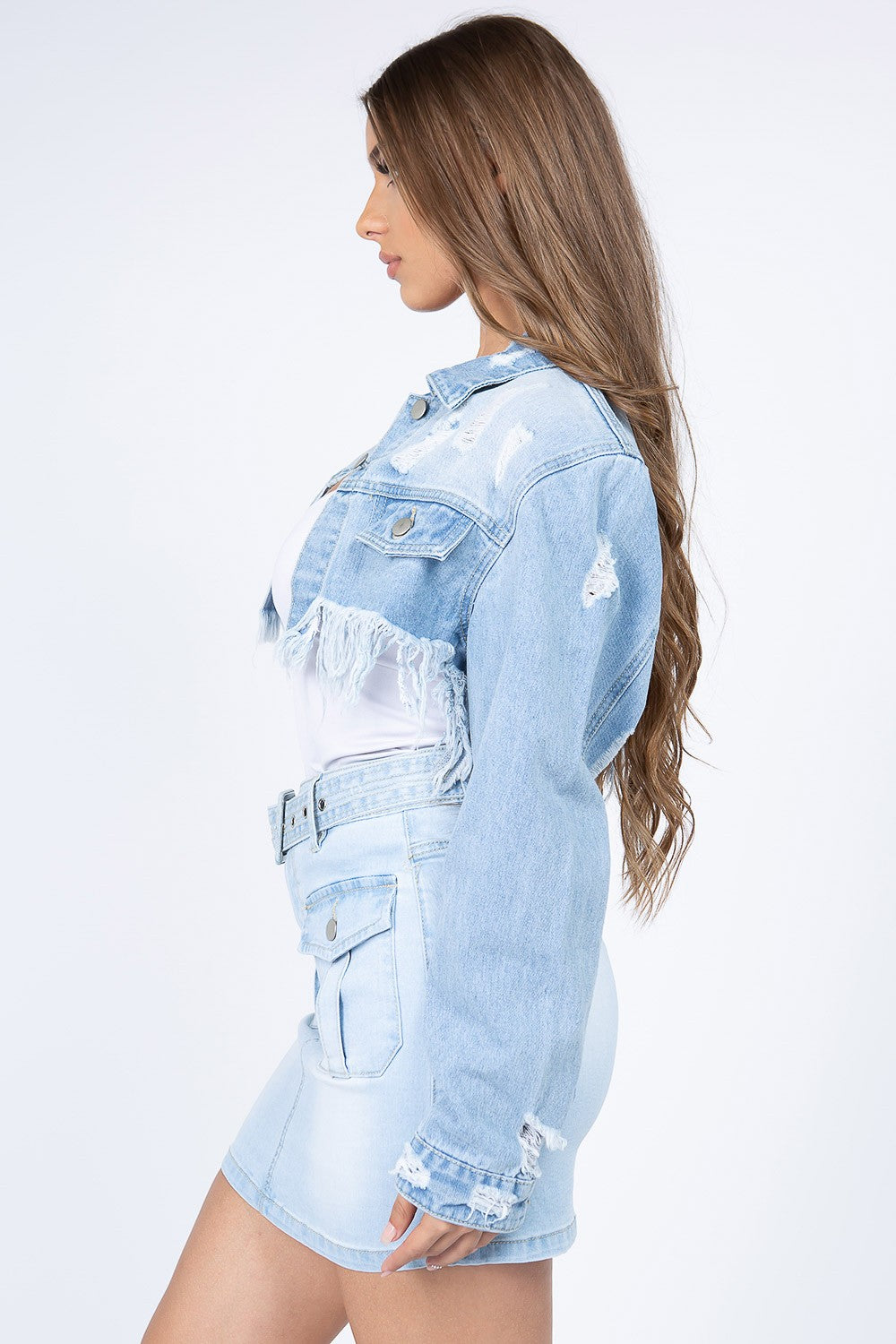 American Bazi Distressed Denim Jacket with Frayed Hem-Angel Casuals