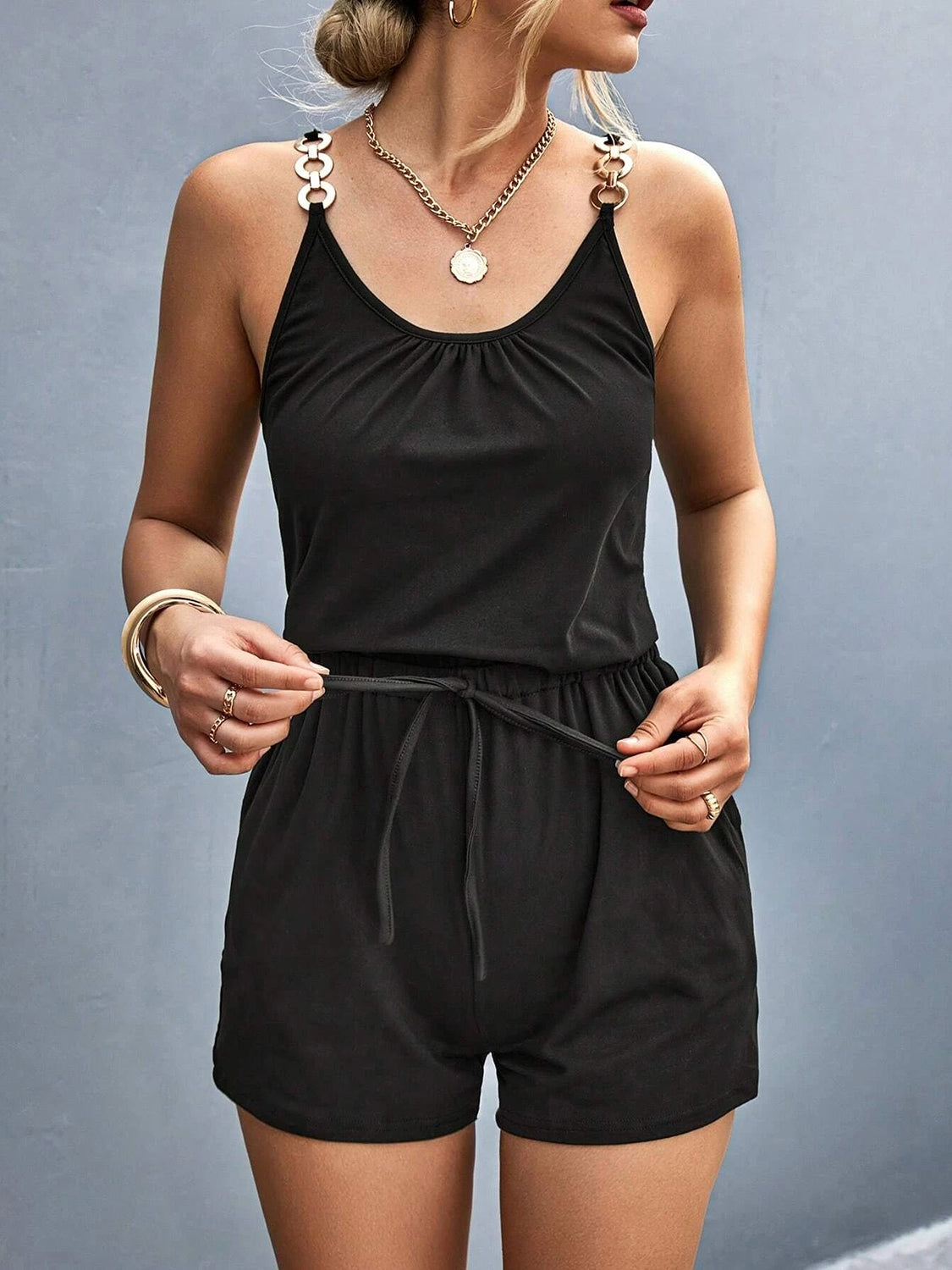 Pocketed Buckle Trim Scoop Neck Romper-Angel Casuals