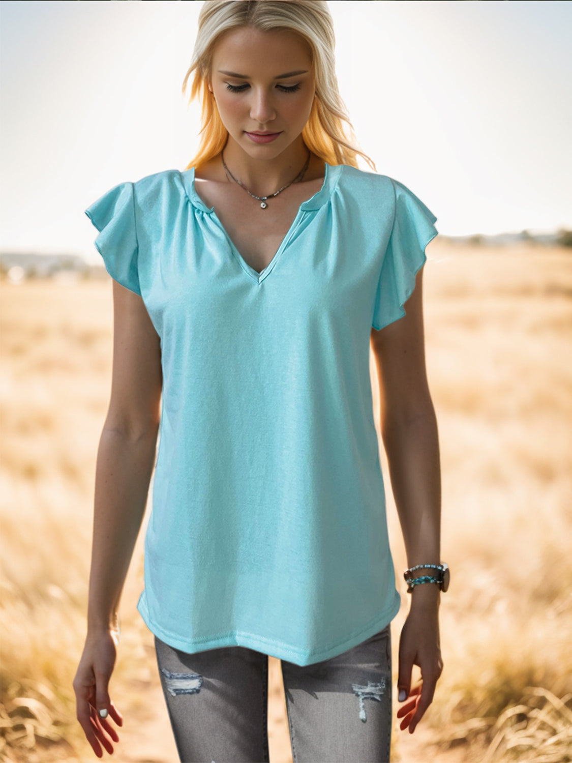 Ruffled Notched Cap Sleeve Tank-Angel Casuals