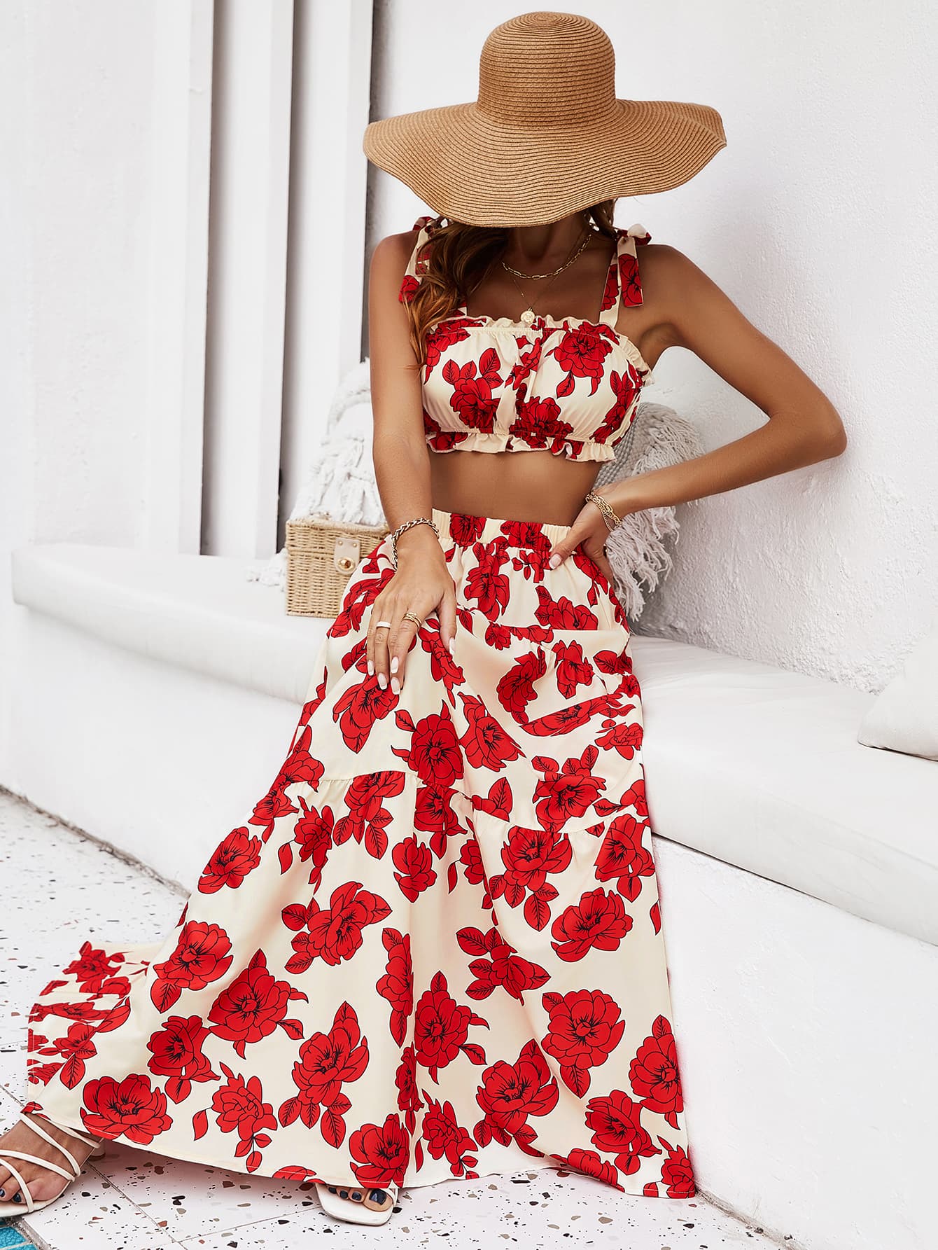 Floral Tie Shoulder Top and Tiered Maxi Skirt Set-Angel Casuals