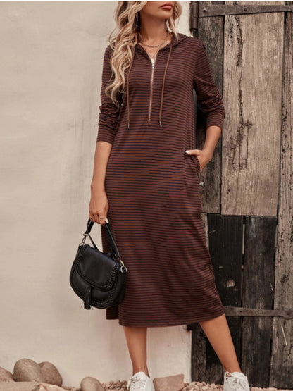 Striped Zip Front Hooded Dress-Angel Casuals