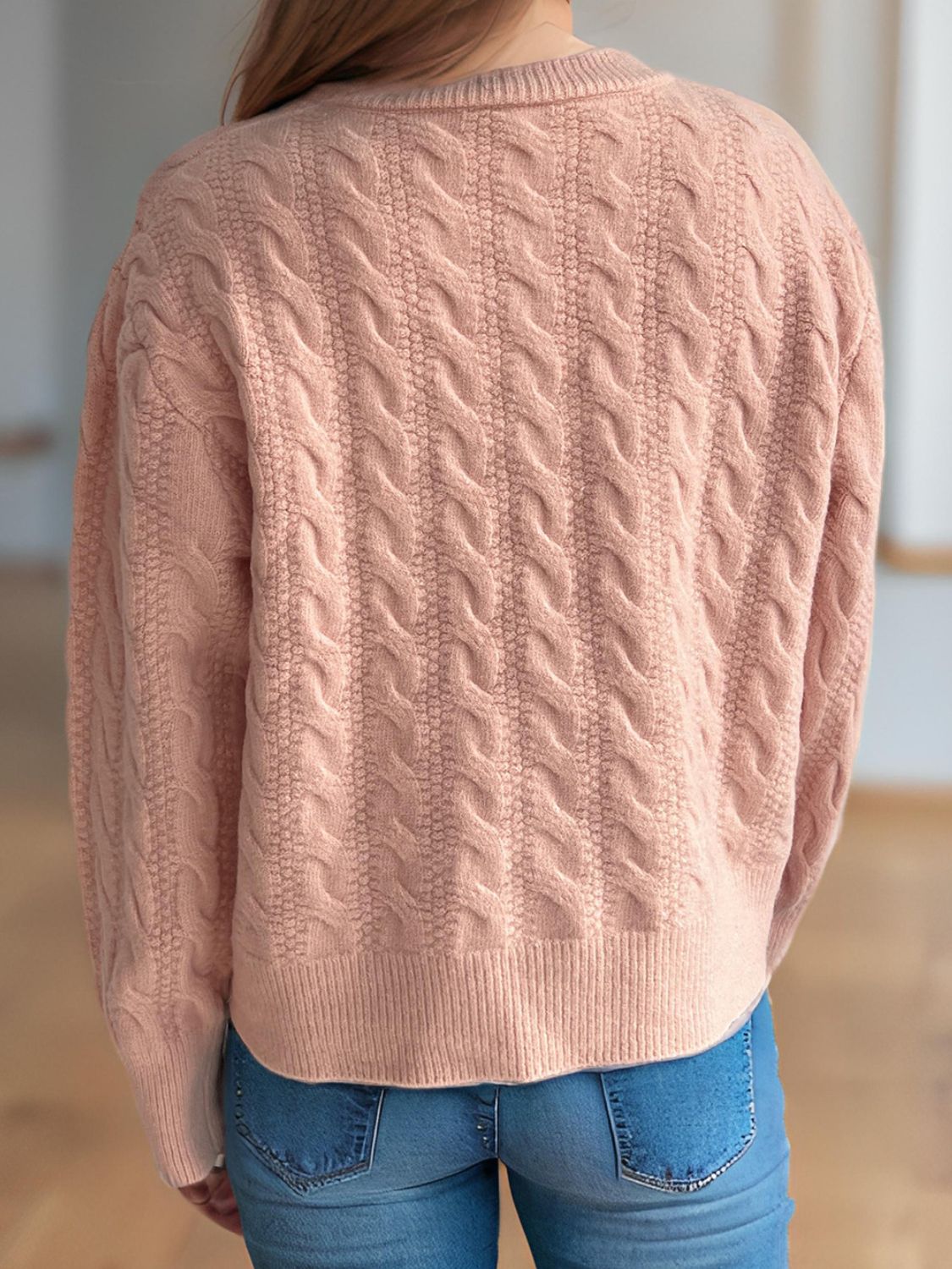 Cable-Knit Round Neck Long Sleeve Cardigan-Angel Casuals