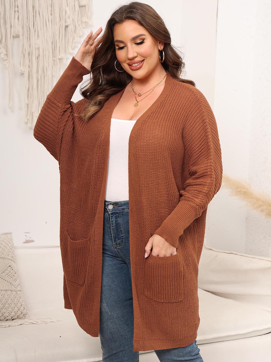 Plus Size Open Front Cardigan With Pockets-Angel Casuals