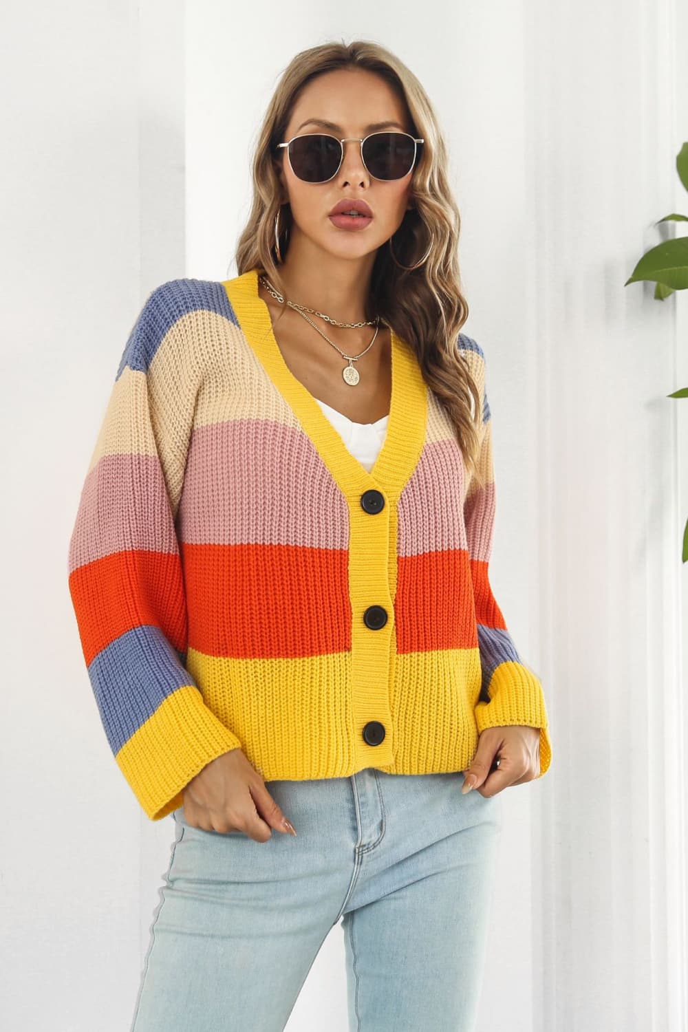 Color Block Button-Down Dropped Shoulder Cardigan-Angel Casuals