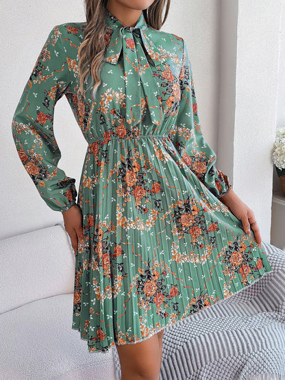 Pleated Printed Tie Neck Long Sleeve Dress-Angel Casuals