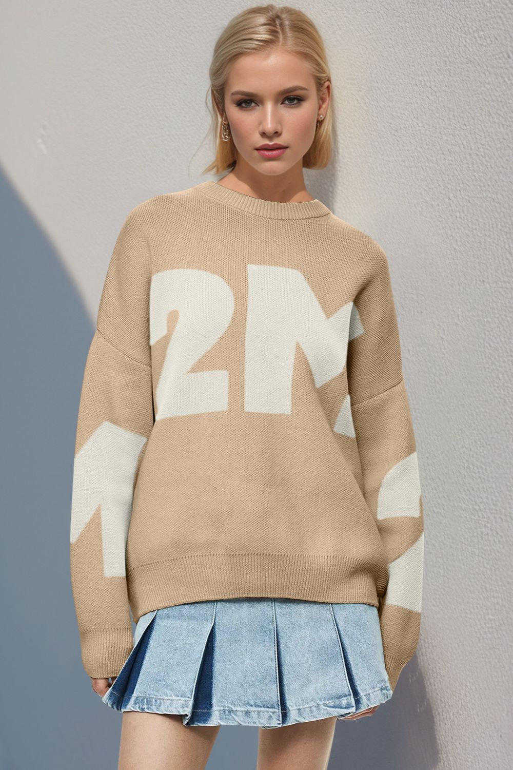 Basic Bae Contrast Letter Round Neck Long Sleeve Sweater-Angel Casuals