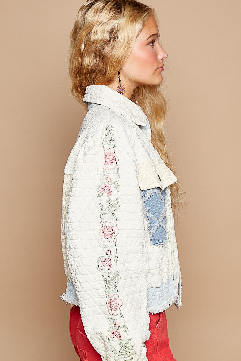 POL Embroidered Sleeve Raw Edge Quilted Jacket-Angel Casuals