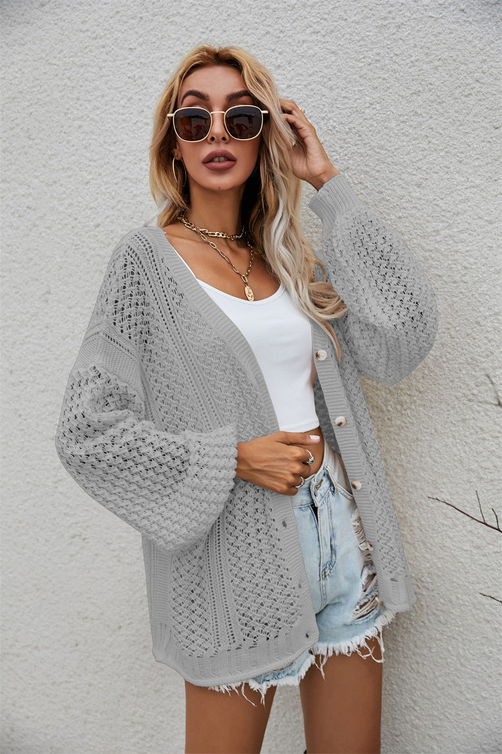 Openwork V-Neck Button Up Cardigan-Angel Casuals