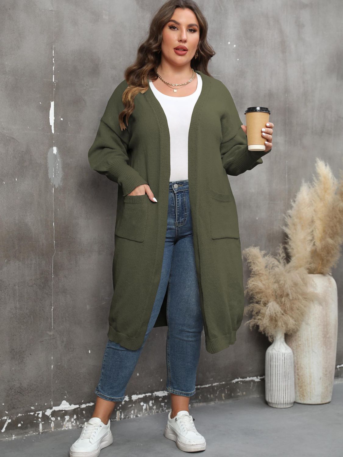 Plus Size Long Sleeve Pocketed Cardigan-Angel Casuals