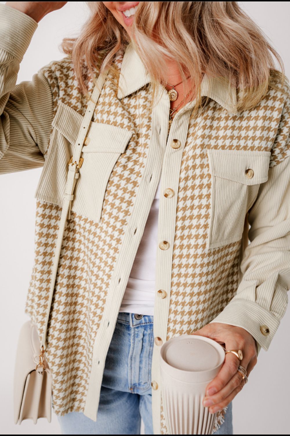Houndstooth Button Up Long Sleeve Jacket-Angel Casuals