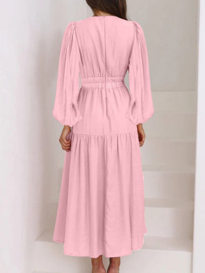 Deep V-Neck Balloon Sleeve Plain Maxi Dress-Angel Casuals