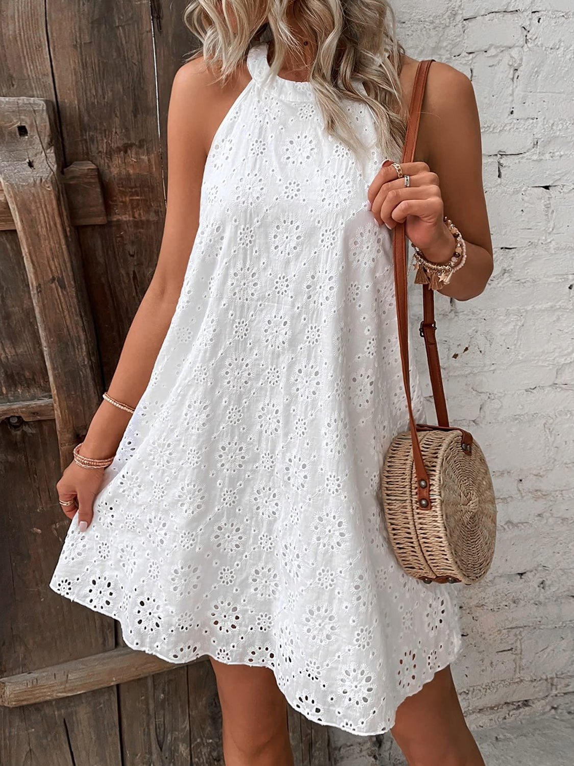 Eyelet Grecian Neck Mini Dress-Angel Casuals